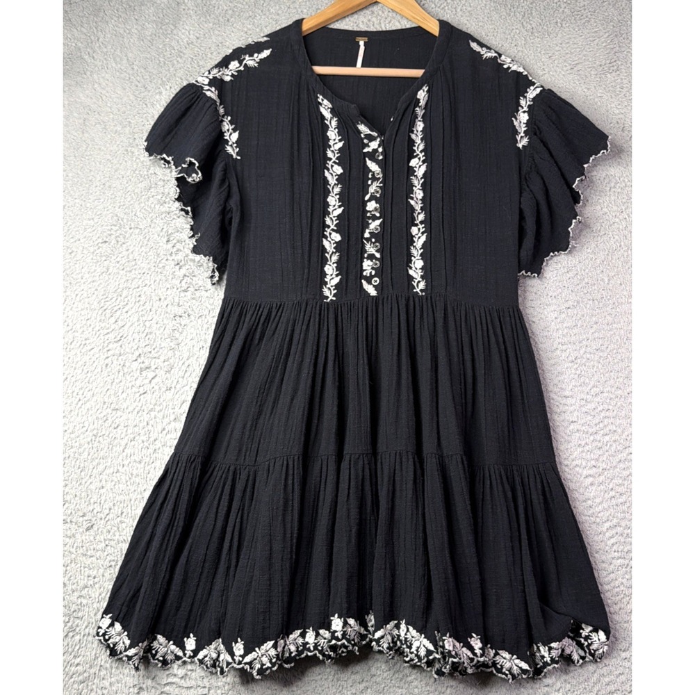 Free People Dress Women XS Santiago Babydoll Mini Black White Embroidered Cotton